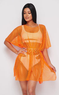 orange fishnet dress