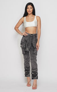 Waist Tie Acid Wash Cargo Pants - Black – SohoGirl.com