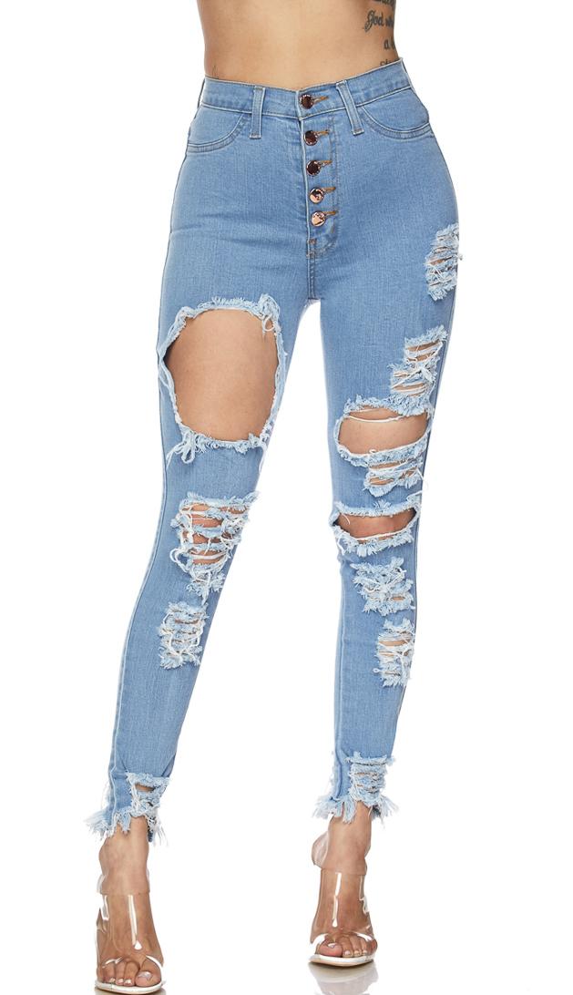 Vibrant Jeans - Light Blue Five Button High Waisted Distressed Denim ...