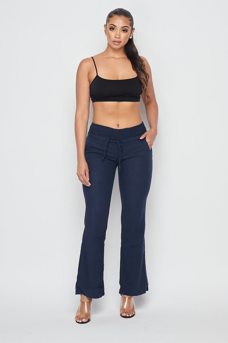 Linen Ruched Drawstring Wide Leg Pants - Navy Blue – SohoGirl.com