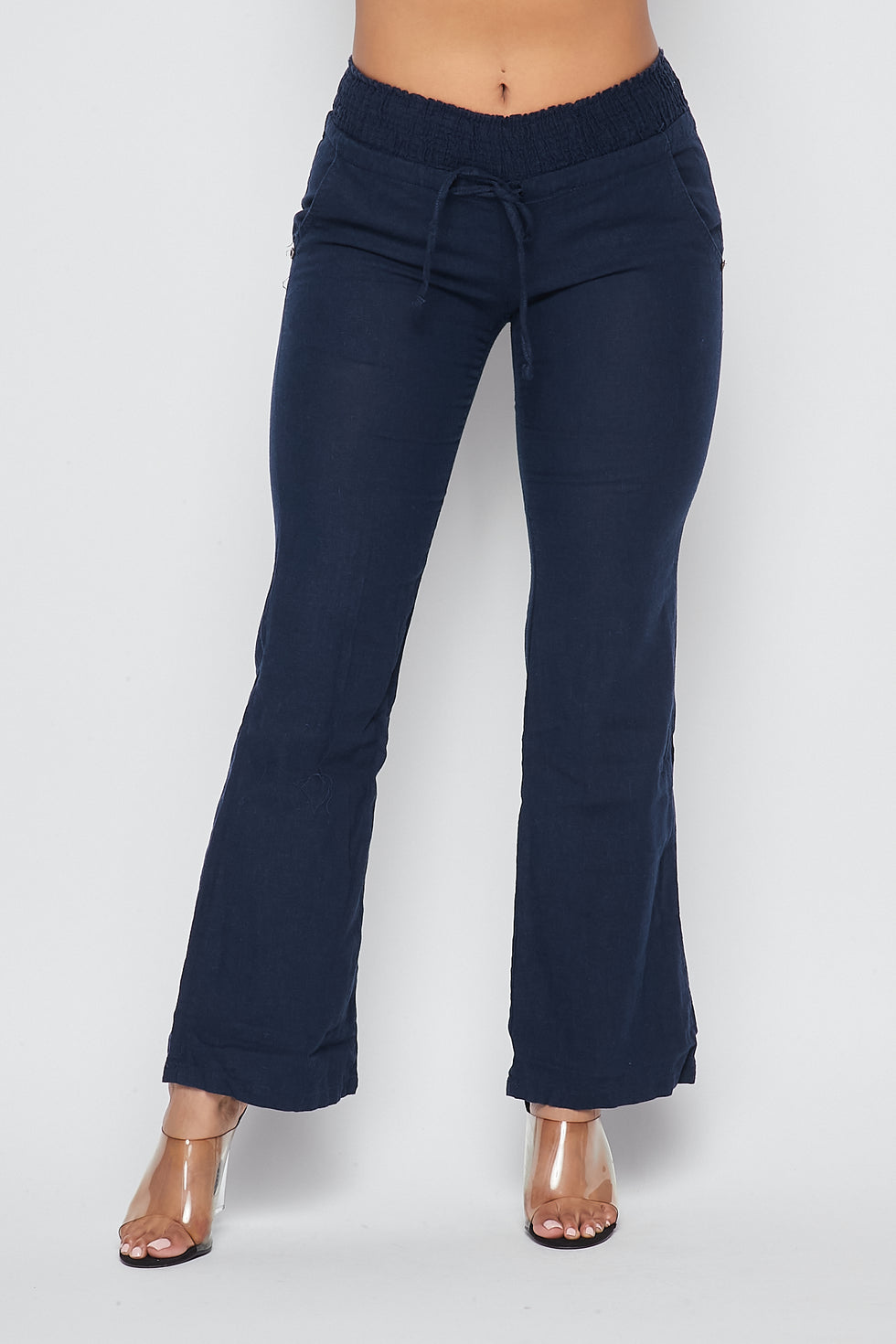 Linen Ruched Drawstring Wide Leg Pants - Navy Blue – SohoGirl.com