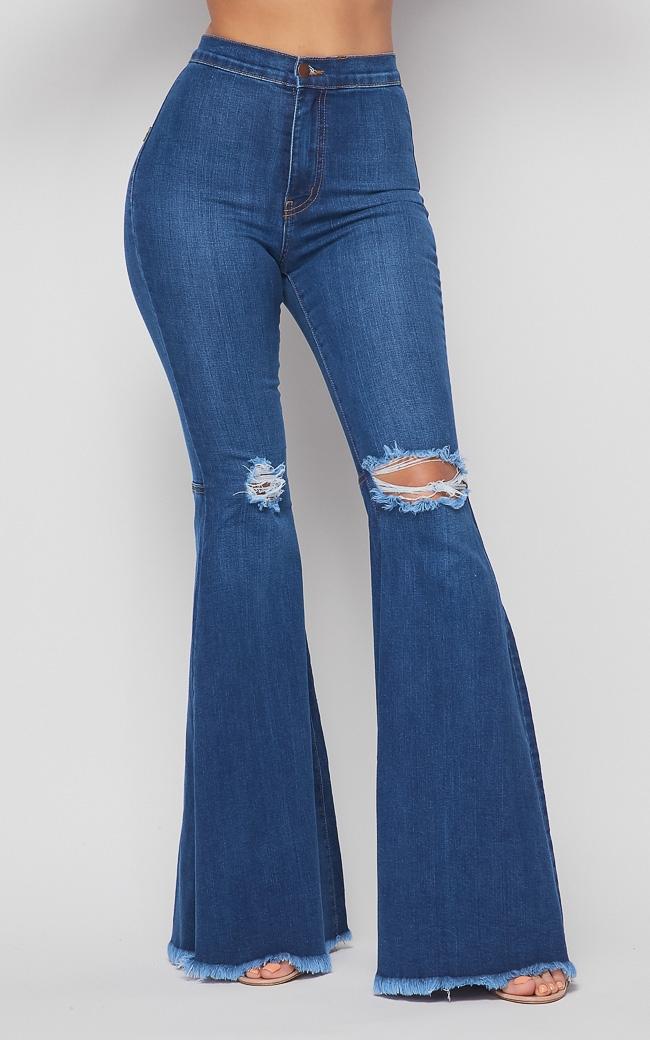Vibrant Ripped Knee Super Flare Jeans (Plus Sizes Available) - Medium