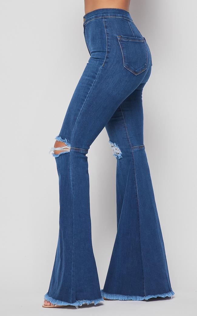 Vibrant Ripped Knee Super Flare Jeans (Plus Sizes Available) - Medium ...