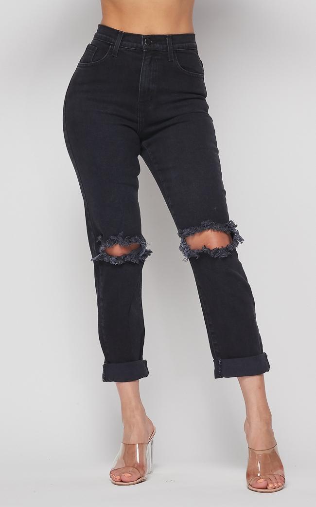 Vibrant Ripped Knee High Waisted Mom Jeans - Vintage Black – SohoGirl.com