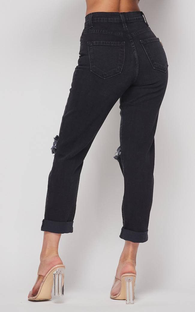 Vibrant Ripped Knee High Waisted Mom Jeans - Vintage Black – SohoGirl.com