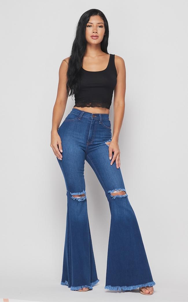 Vibrant Distressed Super Flare Jeans - Medium Denim – SohoGirl.com