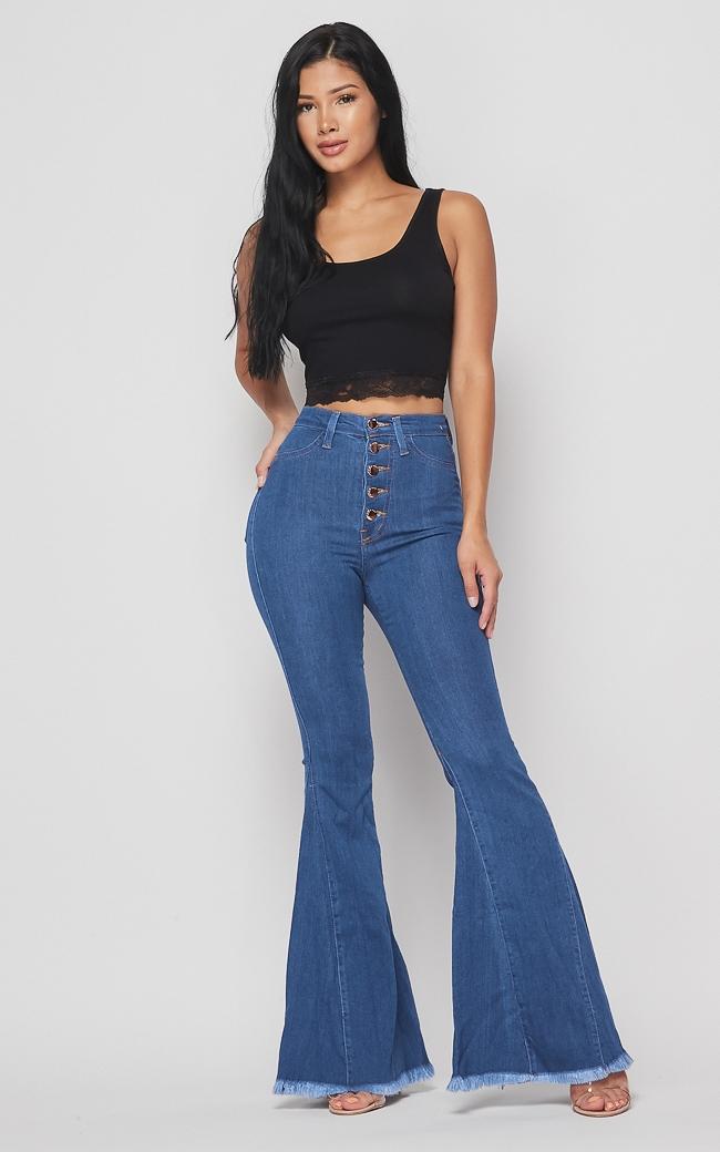 Vibrant Five Button Wide Flare Jeans - Medium Denim – SohoGirl.com