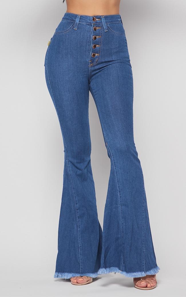 Vibrant Five Button Wide Flare Jeans - Medium Denim – SohoGirl.com