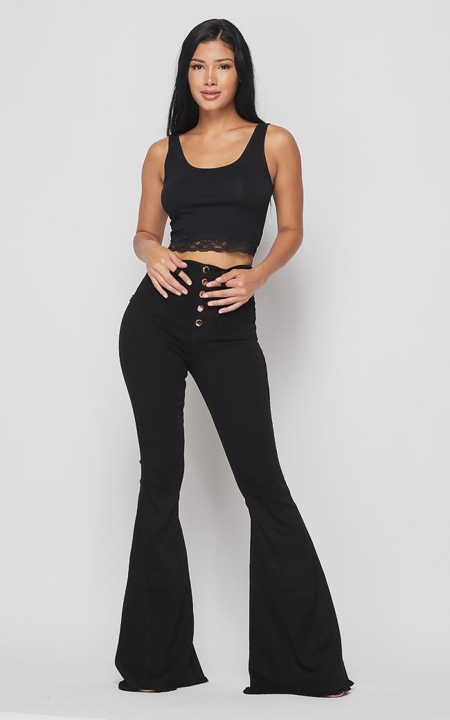 Vibrant Five Button Wide Flare Jeans - Black – SohoGirl.com