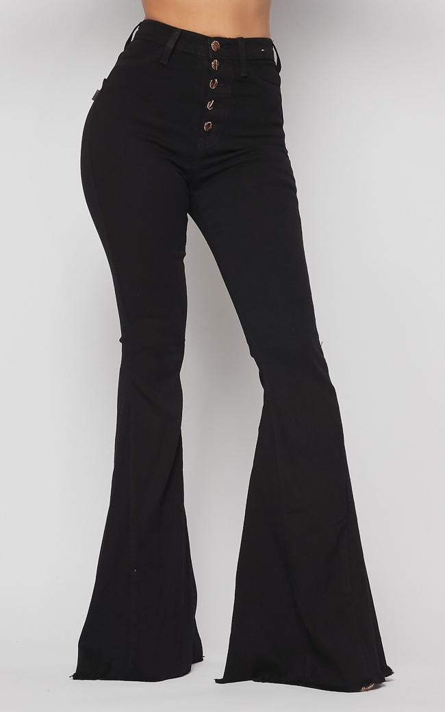 Vibrant Five Button Wide Flare Jeans - Black – SohoGirl.com