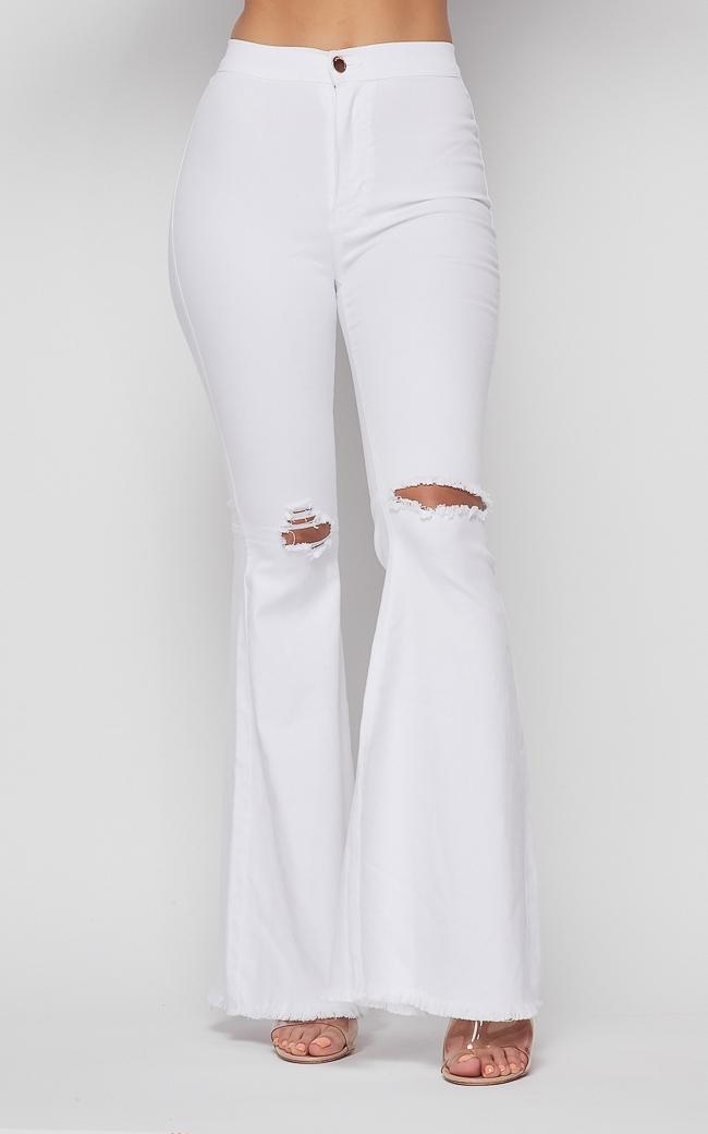 Vibrant Ripped Knee Super Flare Jeans - White – SohoGirl.com