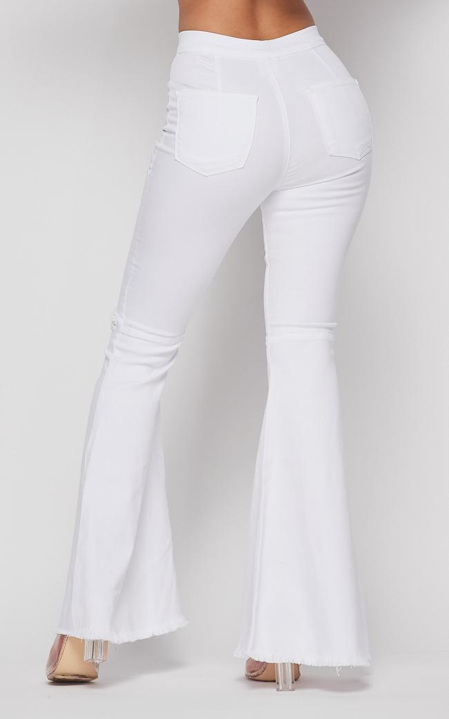 Vibrant Ripped Knee Super Flare Jeans - White – SohoGirl.com