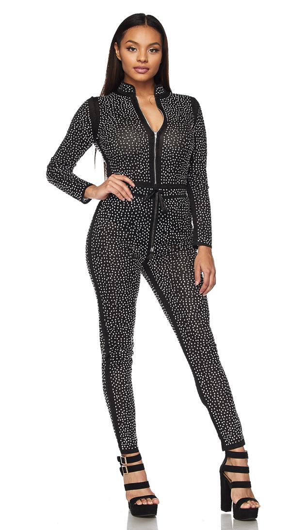 Black and Silver Shimmery Zip-Up Rhinestone Jumpsuit – SohoGirl.com