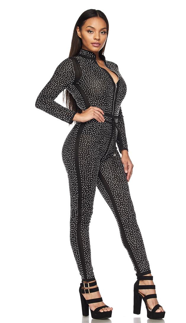 Black and Silver Shimmery Zip-Up Rhinestone Jumpsuit – SohoGirl.com