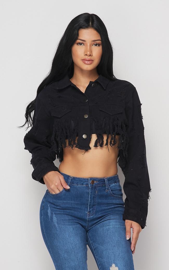 Distressed Fringe Crop Denim Jacket - Black – SohoGirl.com