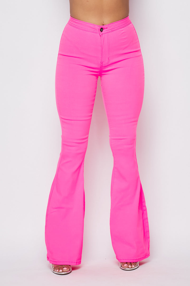 High Waisted Stretchy Bell Bottom Jeans - Neon Pink – SohoGirl.com