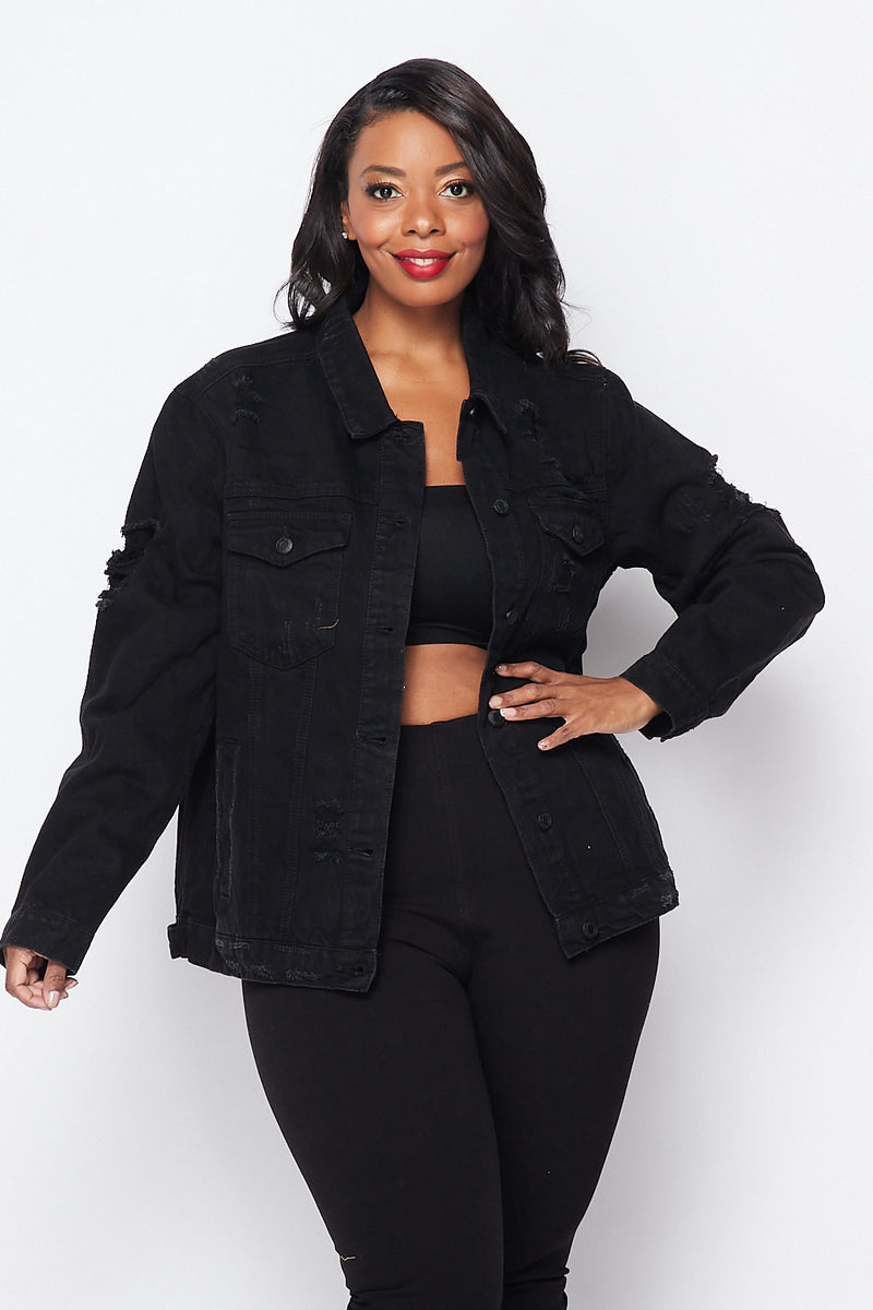 Plus Size Distressed Denim Jacket - Black – SohoGirl.com