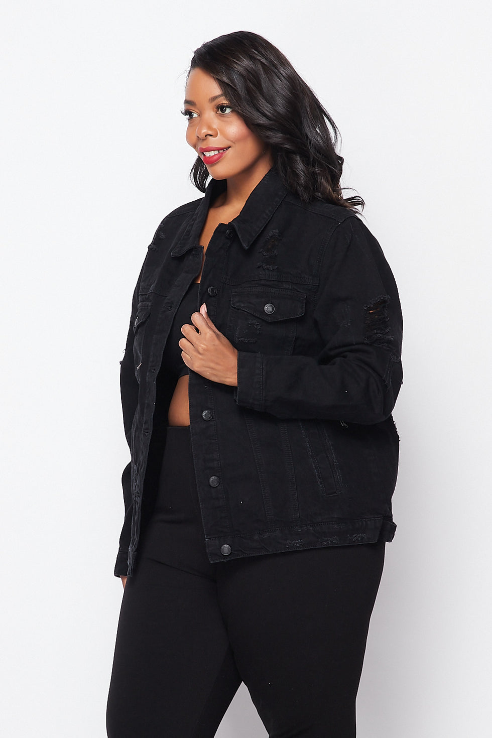 Plus Size Distressed Denim Jacket - Black – SohoGirl.com