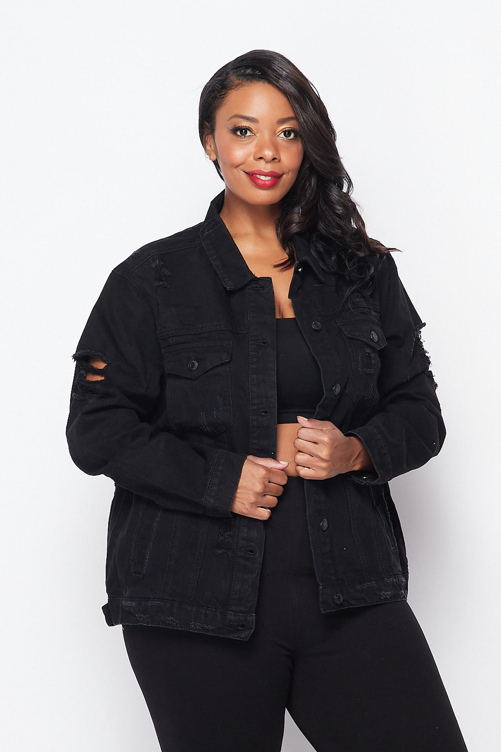 Plus Size Distressed Denim Jacket - Black – SohoGirl.com