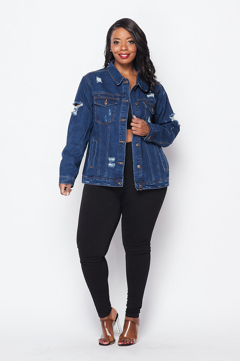 Plus Size Distressed Denim Jacket - Dark Wash – SohoGirl.com