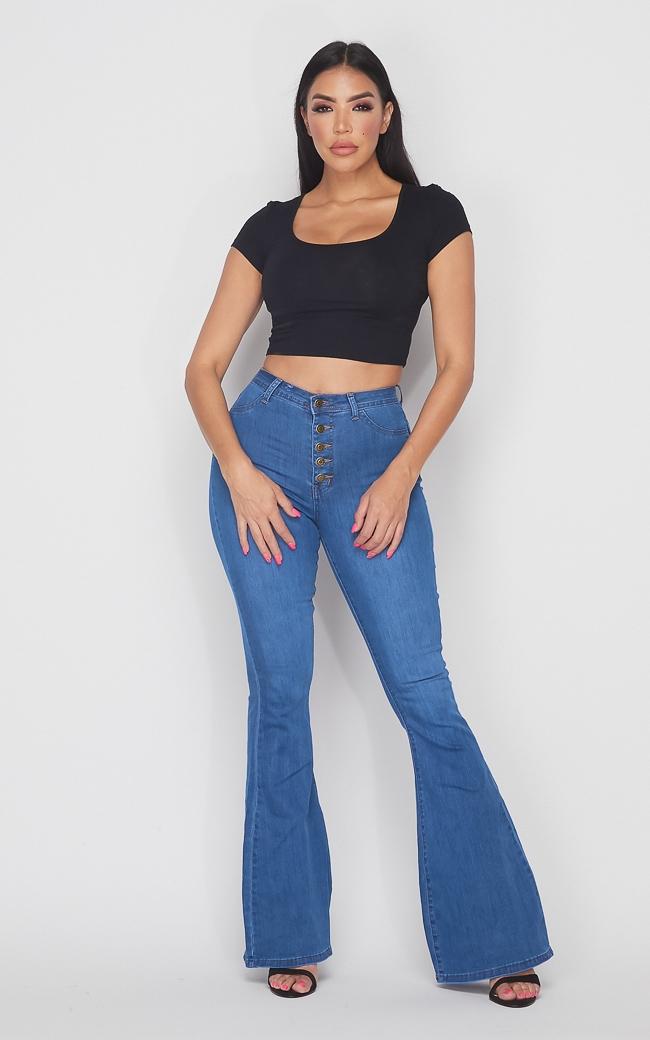 Button Fly Stretchy Bell Bottom Jeans - Medium Denim – SohoGirl.com