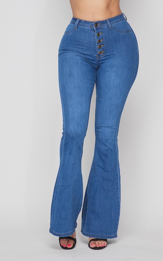 Button Fly Stretchy Bell Bottom Jeans - Medium Denim – SohoGirl.com