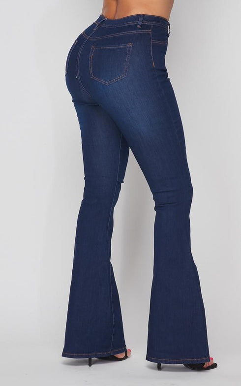 Button Fly Bell Bottom Stretchy Jeans - Dark Denim – SohoGirl.com