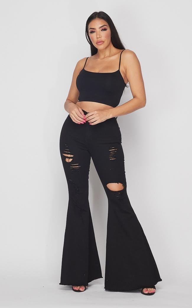 Vibrant Wide Flare Distressed Bell Bottom Jeans - Black – SohoGirl.com