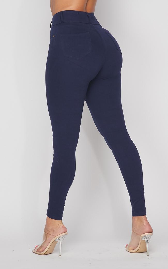 High Waisted Stretchy 2-Button Jeggings - Navy Blue – SohoGirl.com