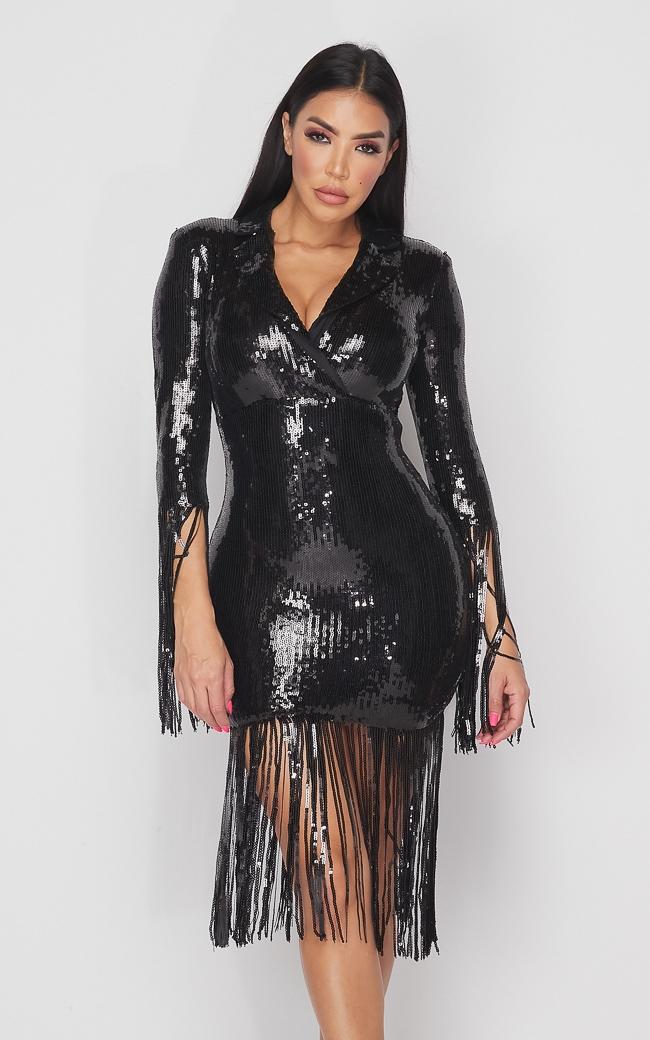 Sequin Tassel 3 4 Sleeve Midi Dress Black 6935