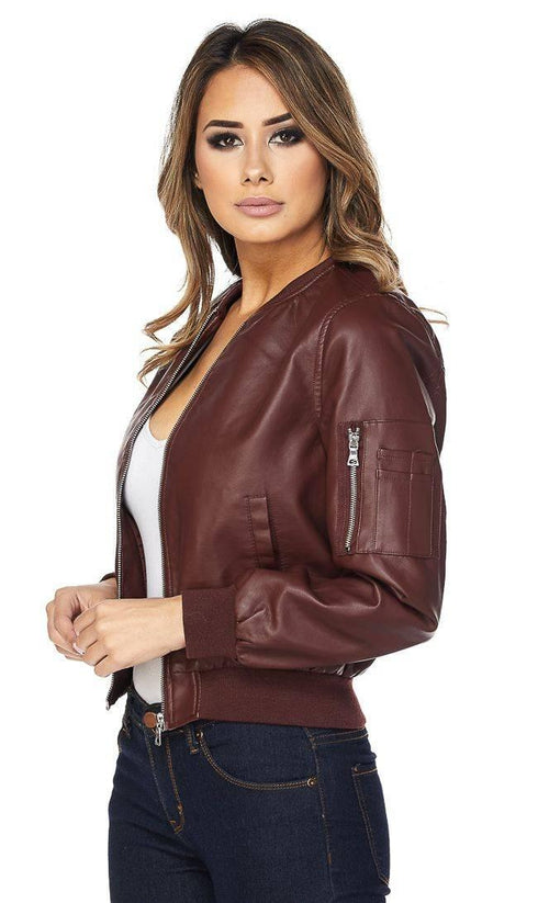 Burgundy Faux Leather Bomber Jacket – SohoGirl.com