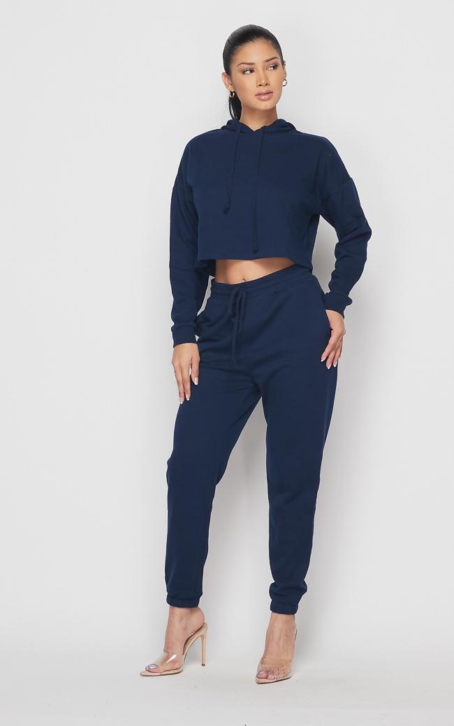 Crop Hoodie Sweater And Sweatpants Navy Blue –