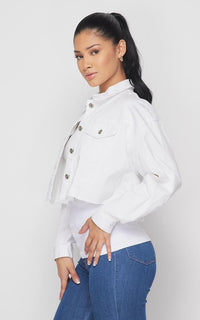 white cropped distressed denim jacket