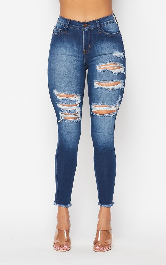 Vibrant Distressed Ladder Cut Skinny Jeans - Dark Denim – SohoGirl.com