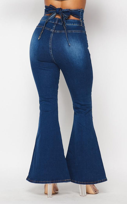 Belted Waist Bell Bottom Jeans - Dark Denim – SohoGirl.com