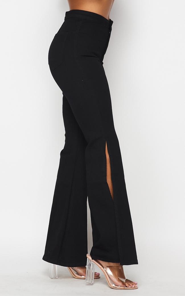 Side Slit Bell Bottom Denim Jeans - Black – SohoGirl.com