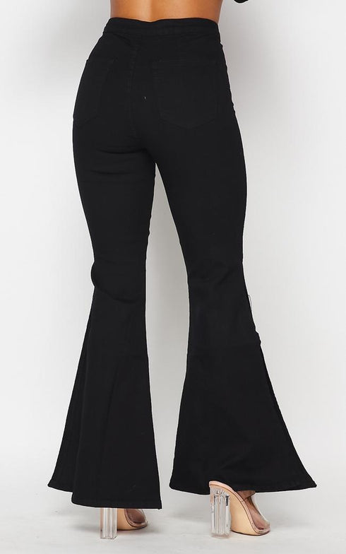 Side Slit Bell Bottom Denim Jeans - Black – SohoGirl.com