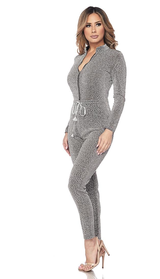 Dark Silver Shimmery Zip-Up Rhinestone Jumpsuit – SohoGirl.com