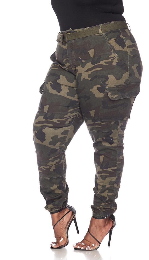 Plus Size Belted Olive Camouflage Cargo Jogger Pants – SohoGirl.com