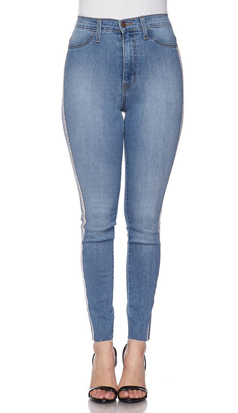 Rhinestone High Waisted Denim Skinny Jeans Side Stripe – SohoGirl.com