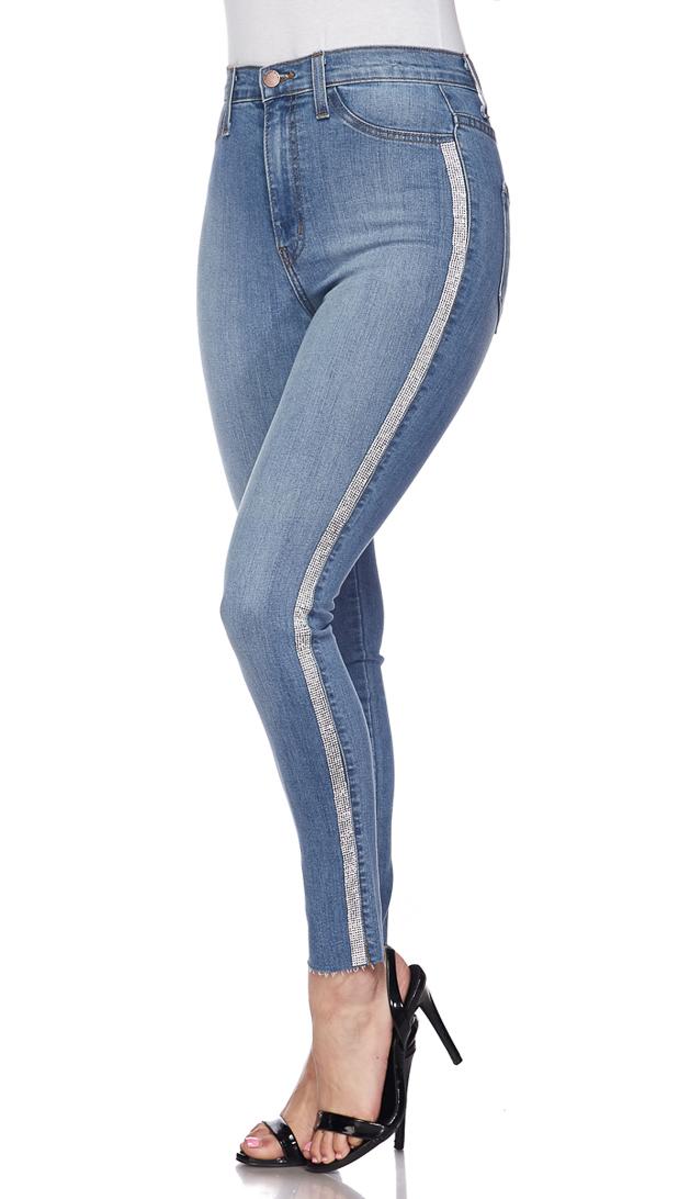 Vibrant Jeans Rhinestone Stripe High Waisted Denim Skinny Jeans