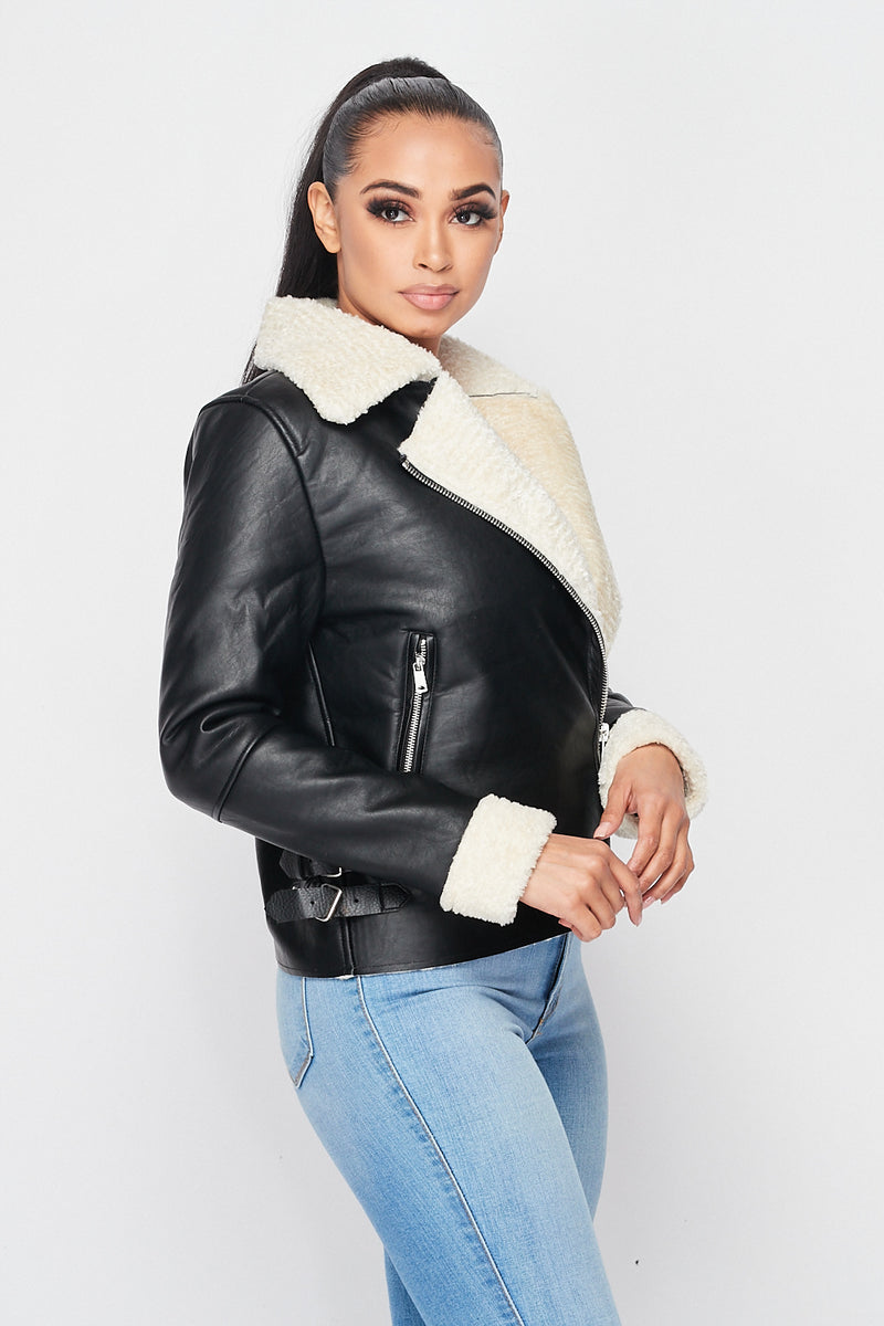 Sherpa Lined Faux Leather Jacket - Black – SohoGirl.com