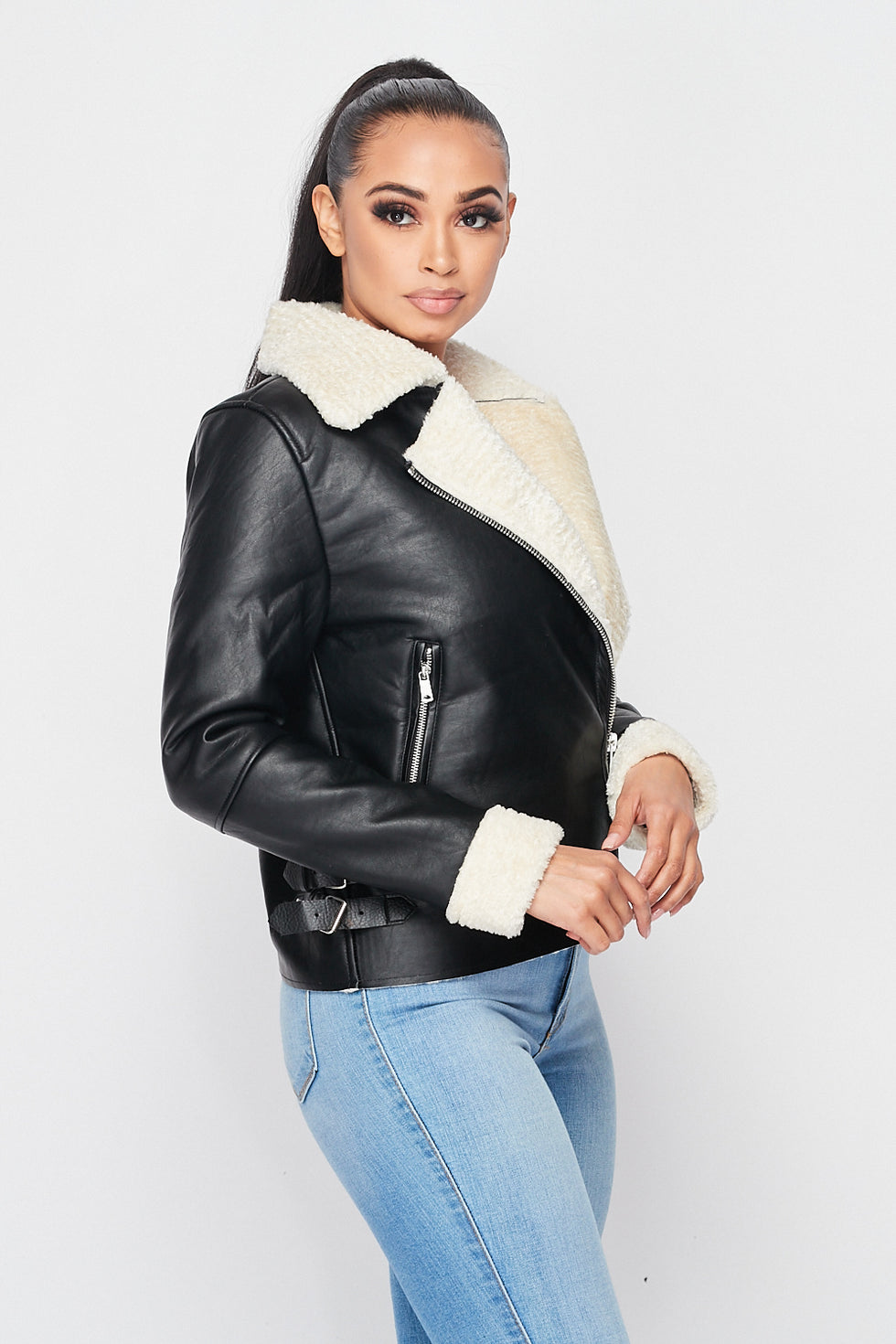 Sherpa Lined Faux Leather Jacket Black