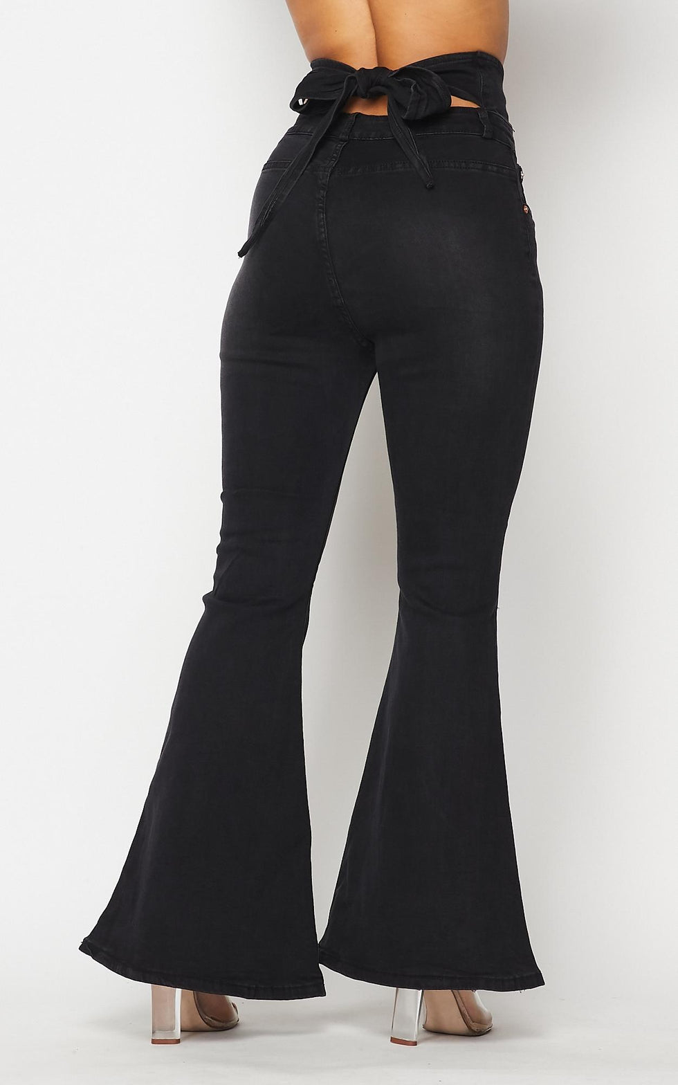 Belted Waist Bell Bottom Jeans - Black – SohoGirl.com