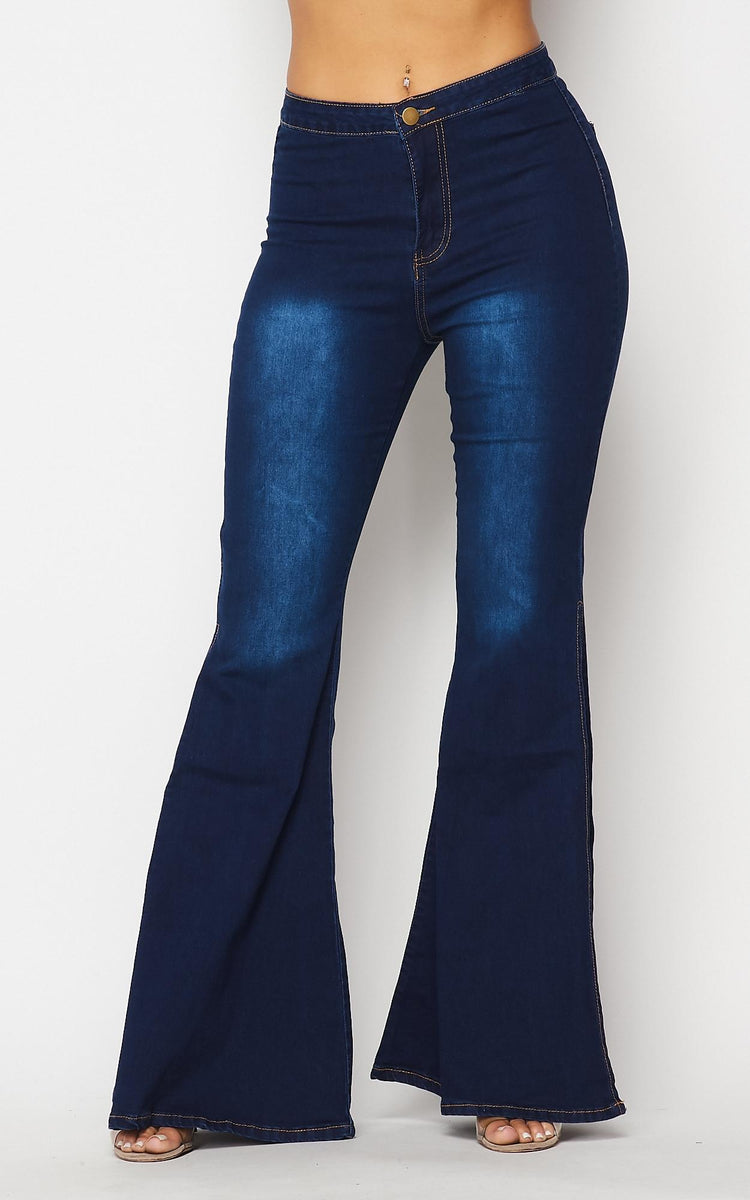 Side Slit Bell Bottom Denim Jeans - Dark Denim | SohoGirl.com