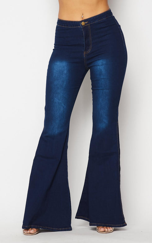 Side Slit Bell Bottom Denim Jeans - Dark Denim – SohoGirl.com