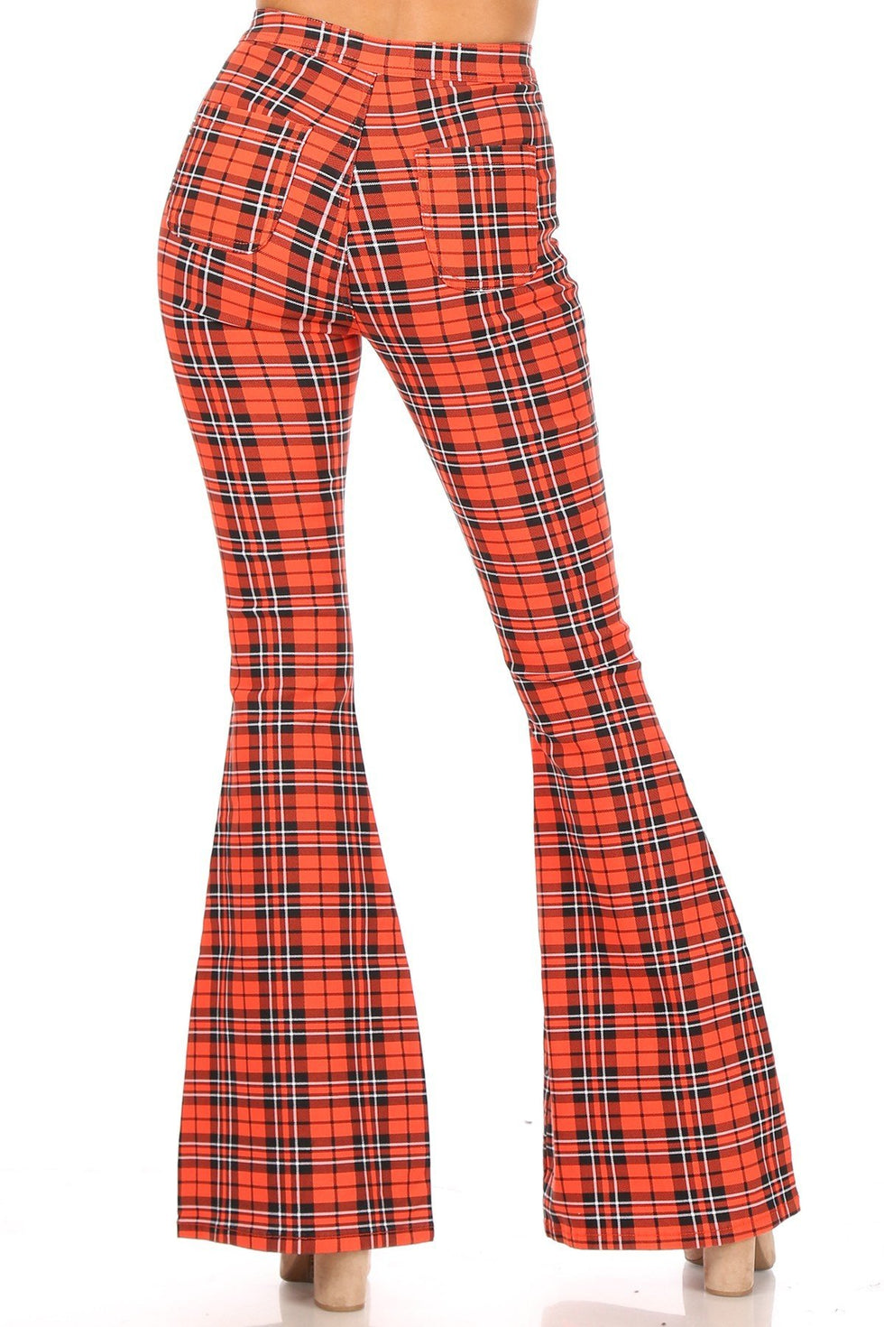 Super High Waisted Checkered Plaid Bell Bottom Jeans - Red – SohoGirl.com