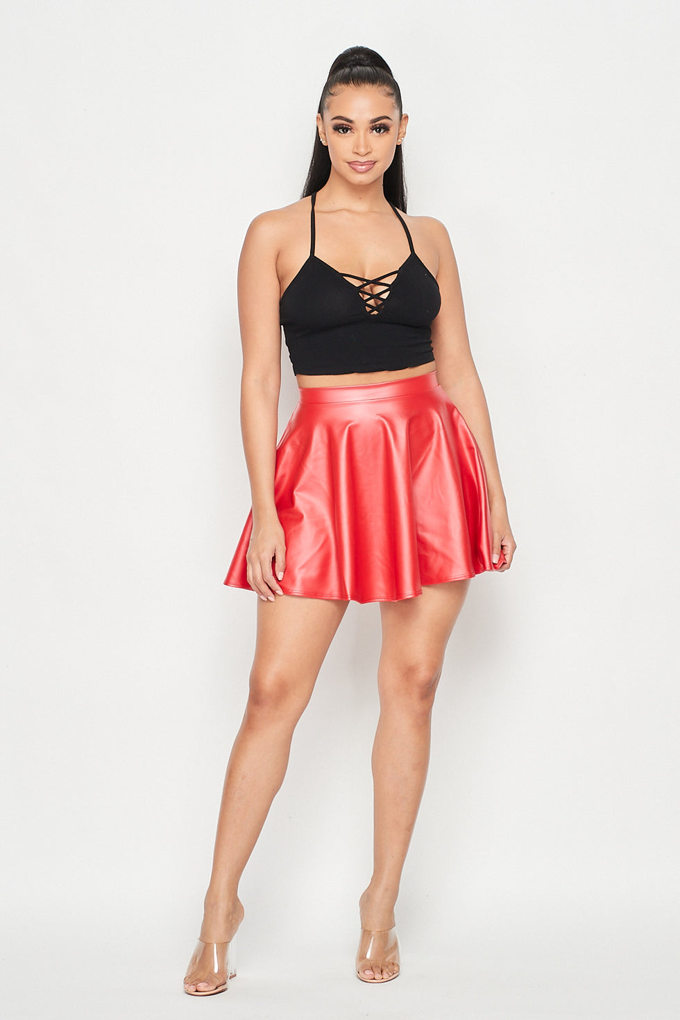 Red High Waisted Faux Leather Skater Mini Skirt