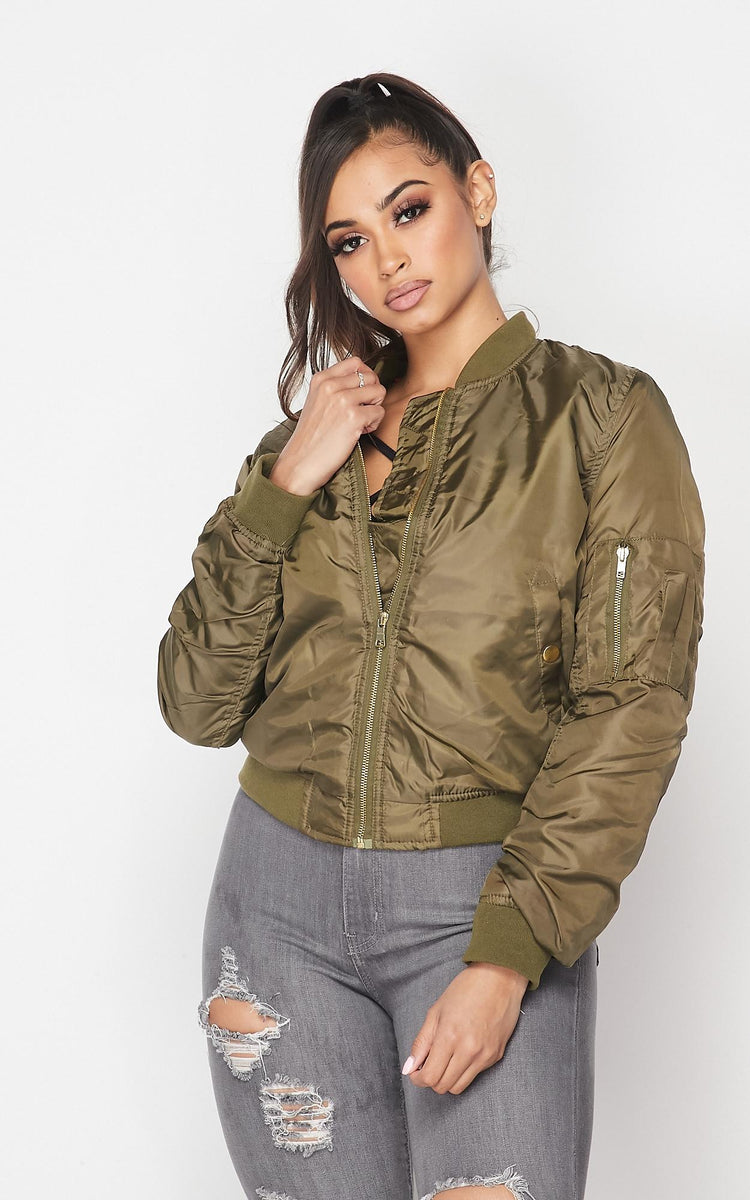 Classic Puffy Satin Bomber Jacket - Olive – SohoGirl.com