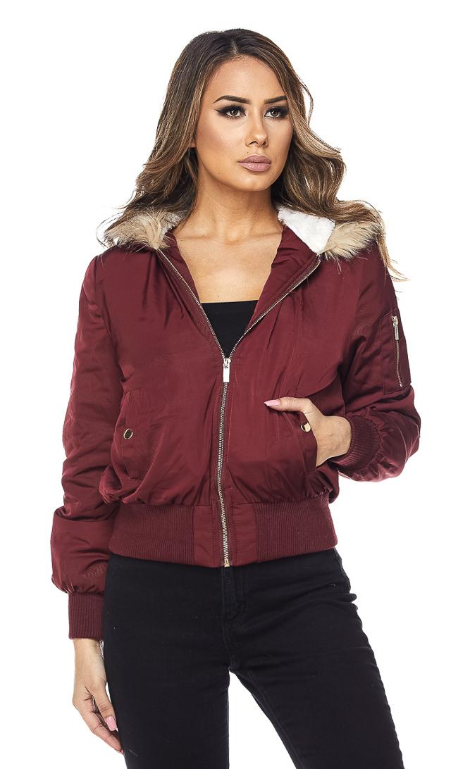 Burgundy Faux Fur Lined Zippered Bomber Jacket – SohoGirl.com